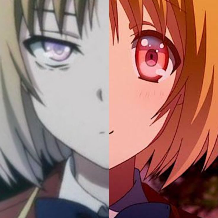 two anime characters one with red eyes and the other with blonde hair, both staring at something