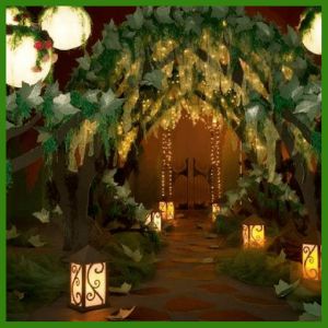 an archway decorated with lights and lanterns for a wedding ceremony in the evening or at night