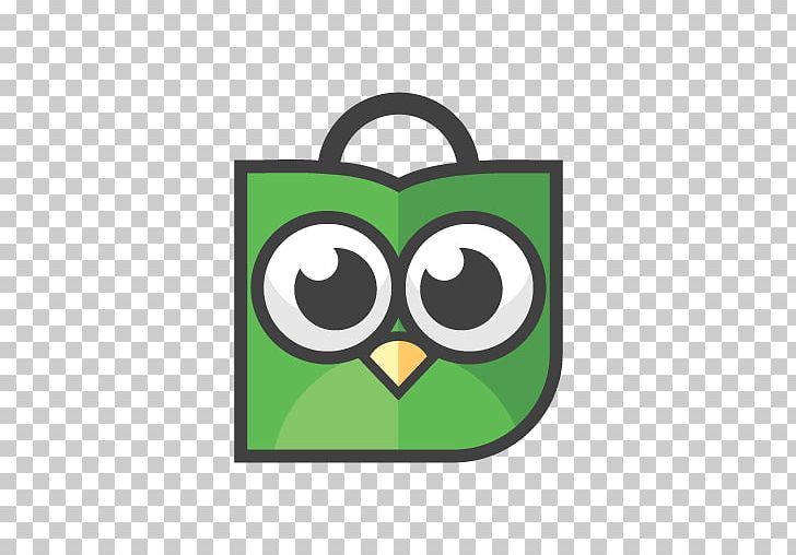 an owl in a green bag with big eyes and a black handle on its head