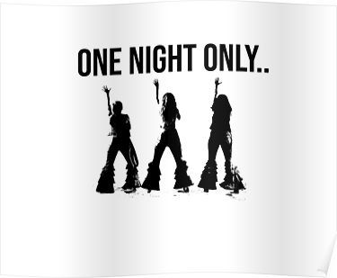 one night only poster with the silhouettes of three people in black and white text