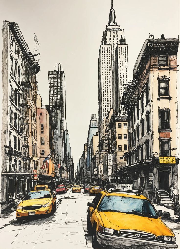 a drawing of a city street with cars and tall buildings in the backround