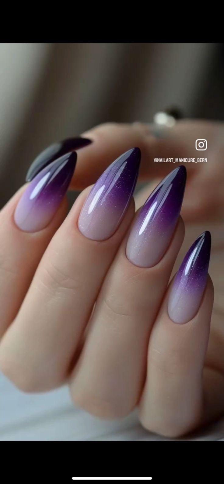 Ombre Dark Purple Nails, Purple Almond Nails Ideas, Black And Purple Tips Nails, Dark Purple Ballerina Nails, Dark Purple Nail Designs Almond, Almond Purple Nails Designs, Dark Purple Almond Acrylic Nails, Dark Purple Ombre Nails Glitter, Purple Black And White Nails