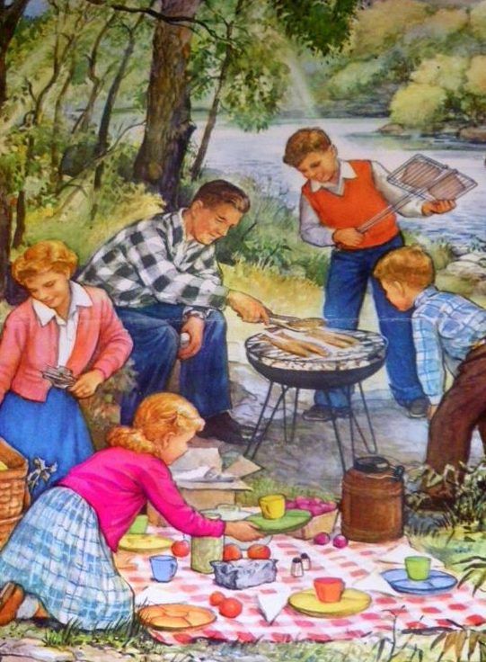 a painting of people cooking on a picnic table