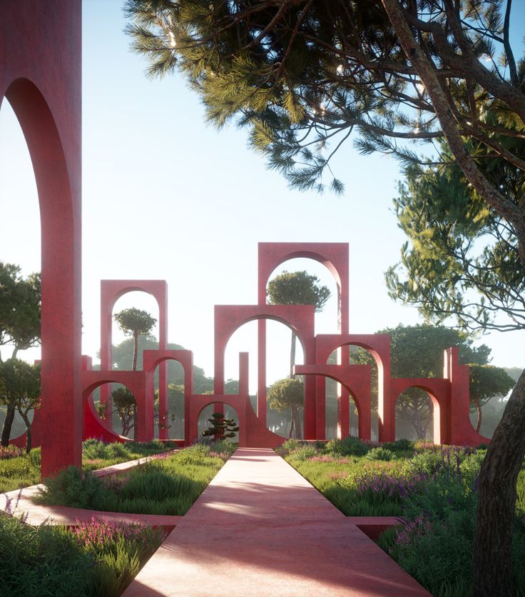 a pathway between two red arches in the middle of a park with trees and flowers