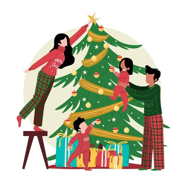 three people decorating a christmas tree with presents