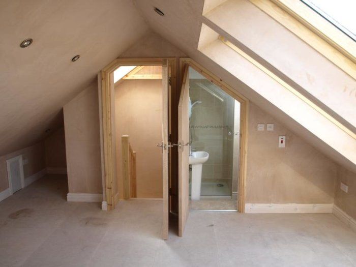 an attic bathroom with skylights and a toilet in the shower stall is seen from the doorway