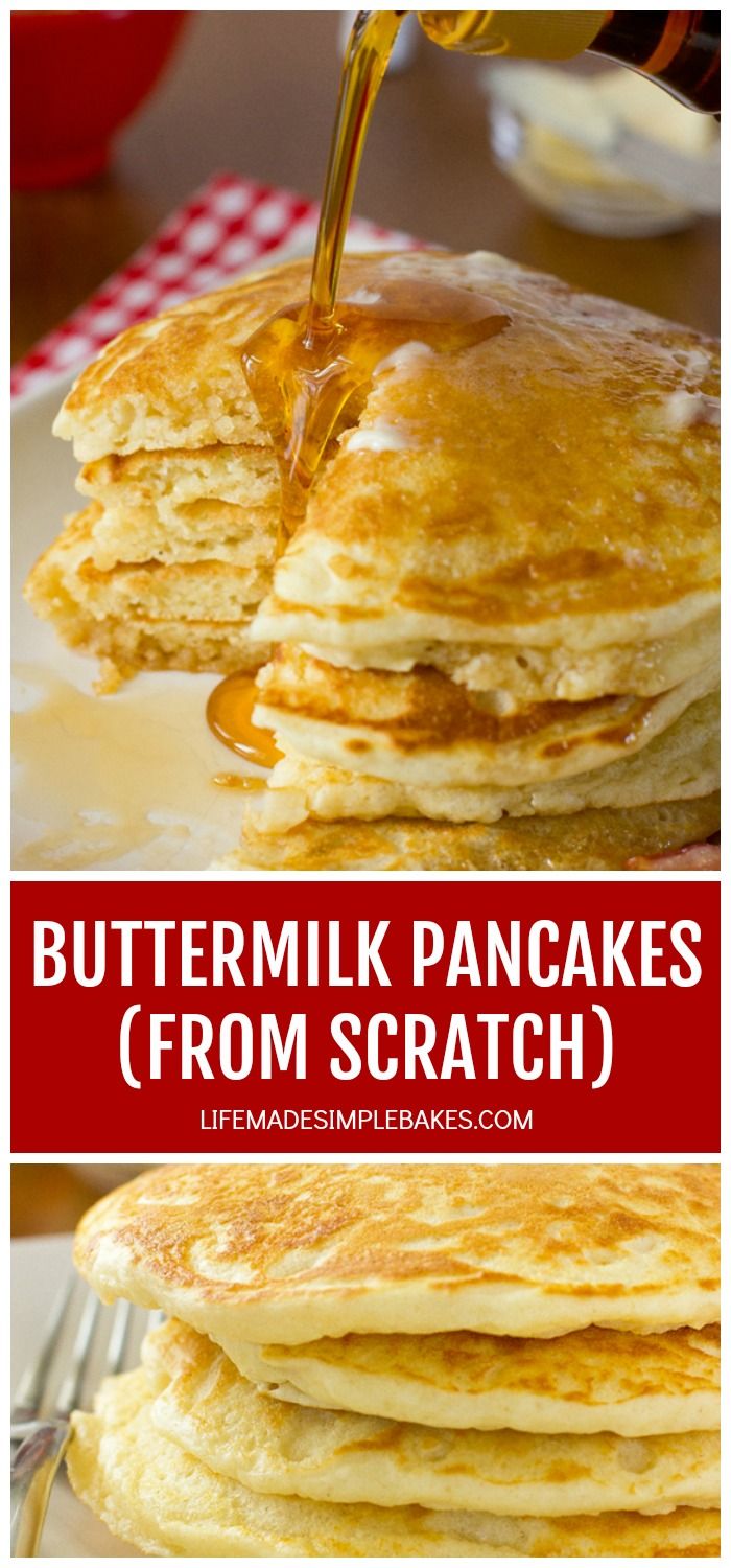 buttermilk pancakes with syrup being drizzled over them and the words buttermilk pancakes from scratch