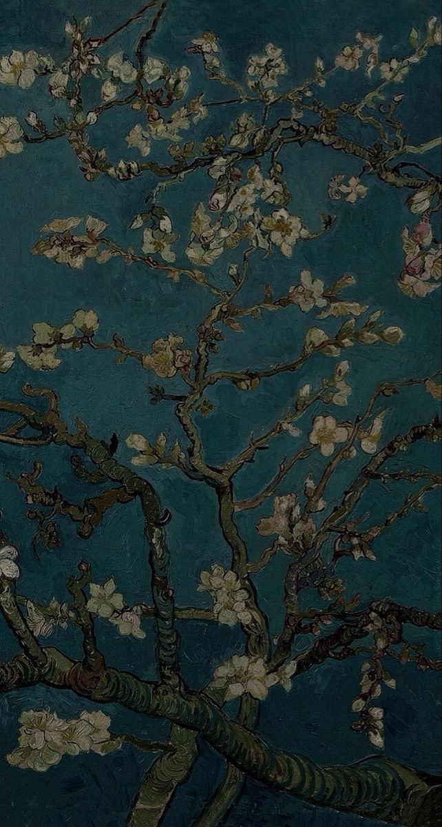 a painting of a tree with white flowers on it's branches in front of a blue background