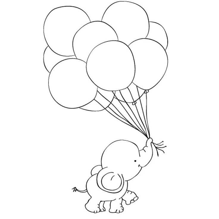 a baby elephant holding onto some balloons