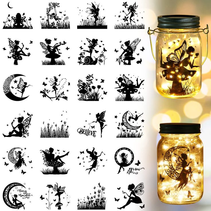 the fairy jars are decorated with fairy silhouettes and fairy images, all lit up