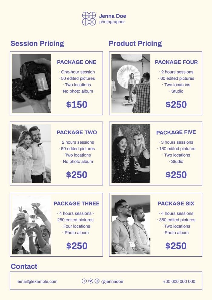 the pricing sheet for an event is shown in blue and white, with photos on it