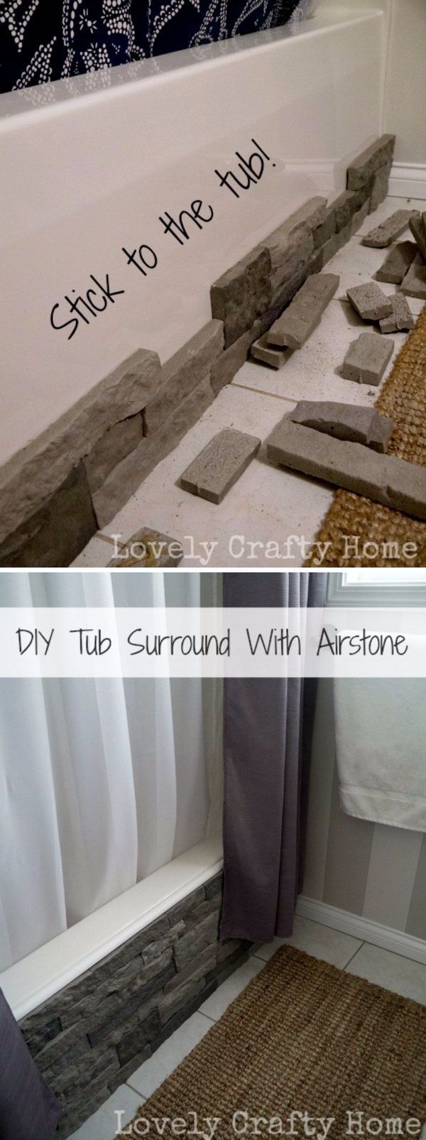 two pictures show how to build a diy tub surround with stone