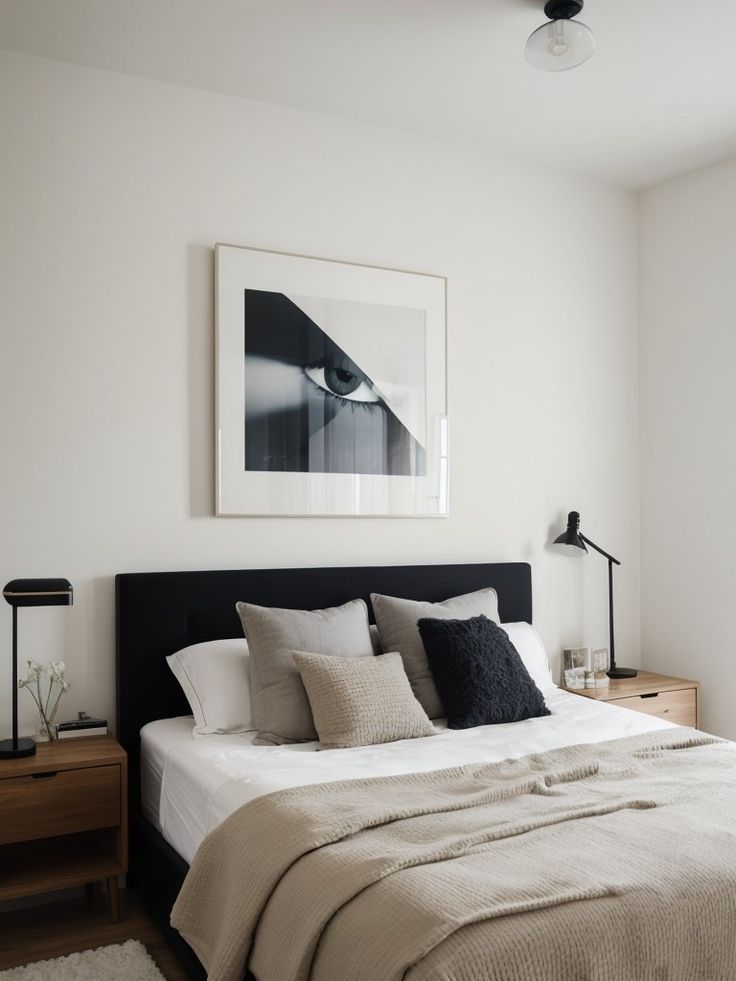 a bedroom with a bed, nightstands and pictures on the wall