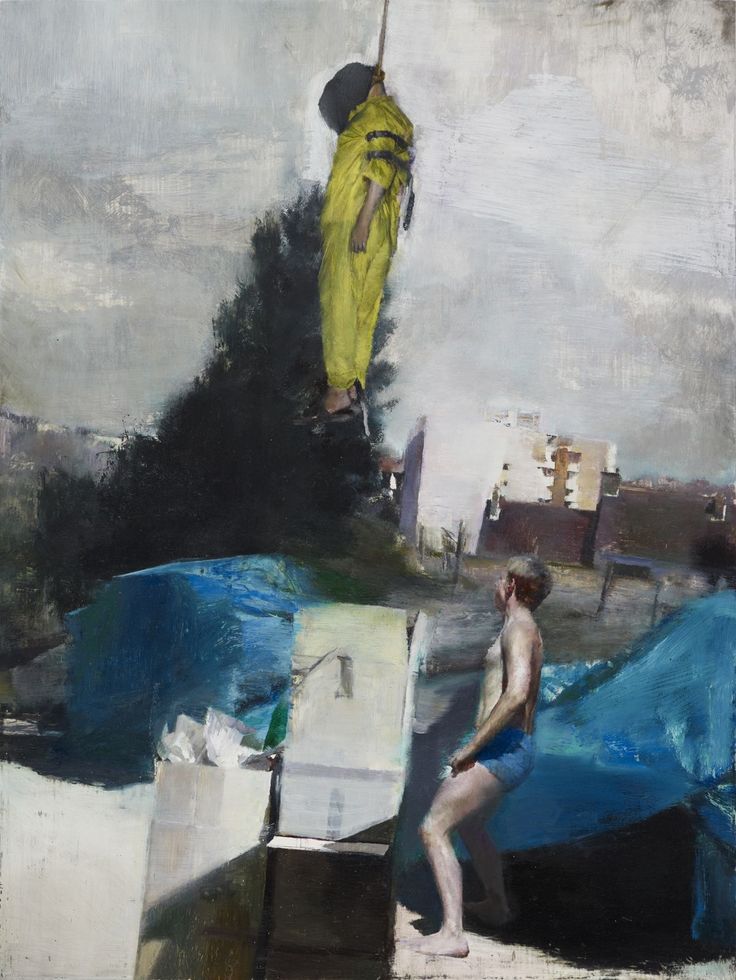 an oil painting of a man with a yellow umbrella and blue tarp on the ground