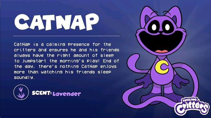 a cartoon character with the caption catnap on it's chest and eyes