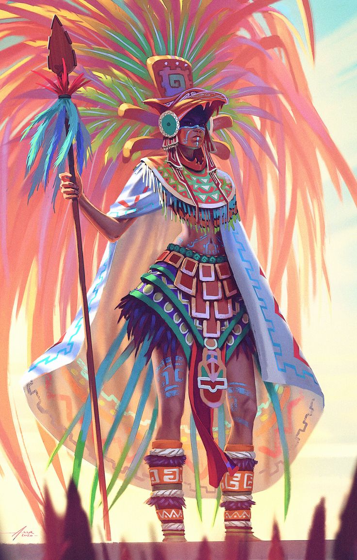 a painting of a native american dancer holding a staff