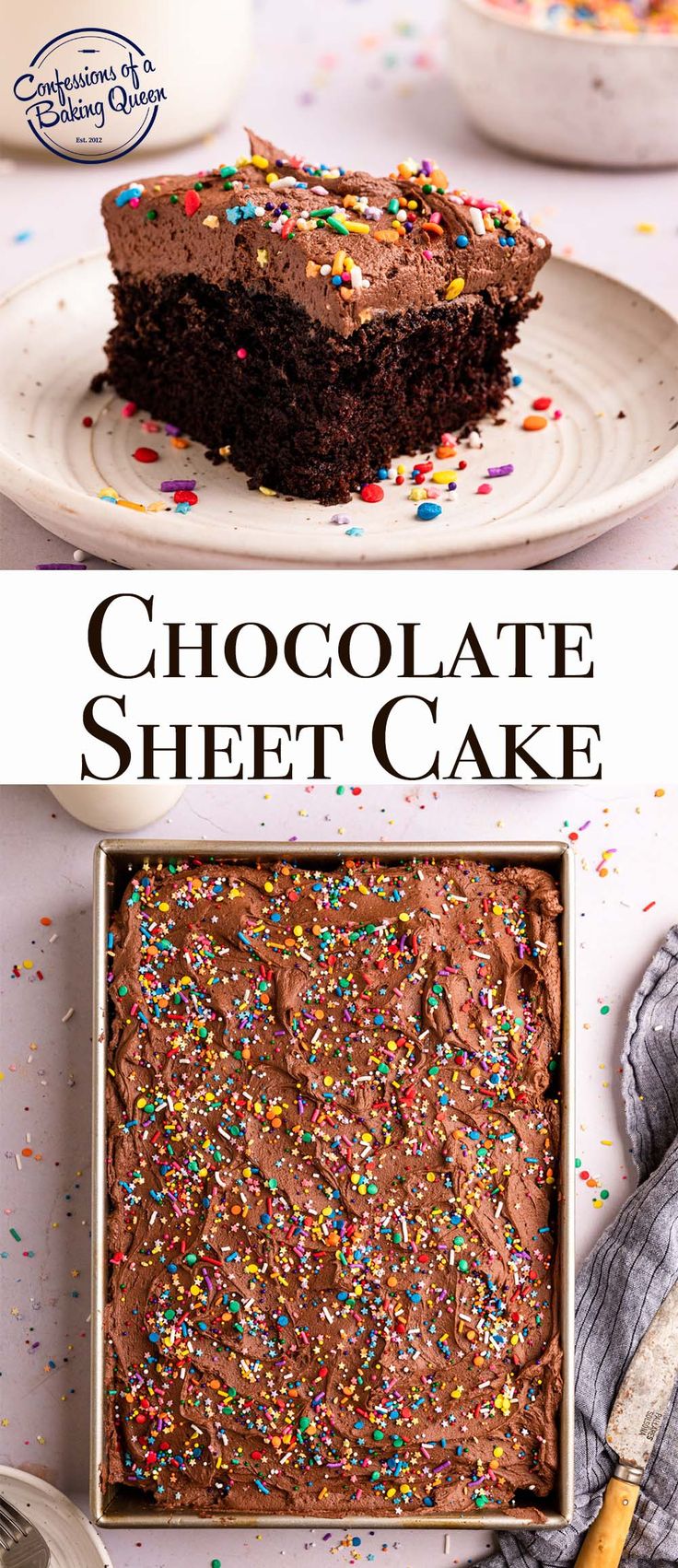 a chocolate sheet cake with sprinkles on top and in a white pan