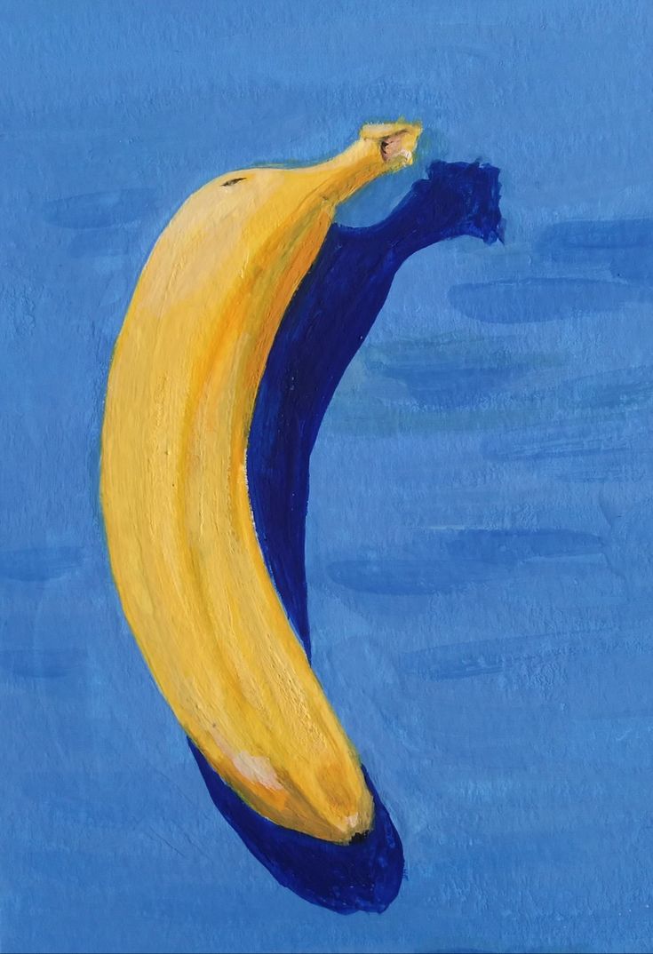 a painting of a banana in blue and yellow colors on a blue background with water