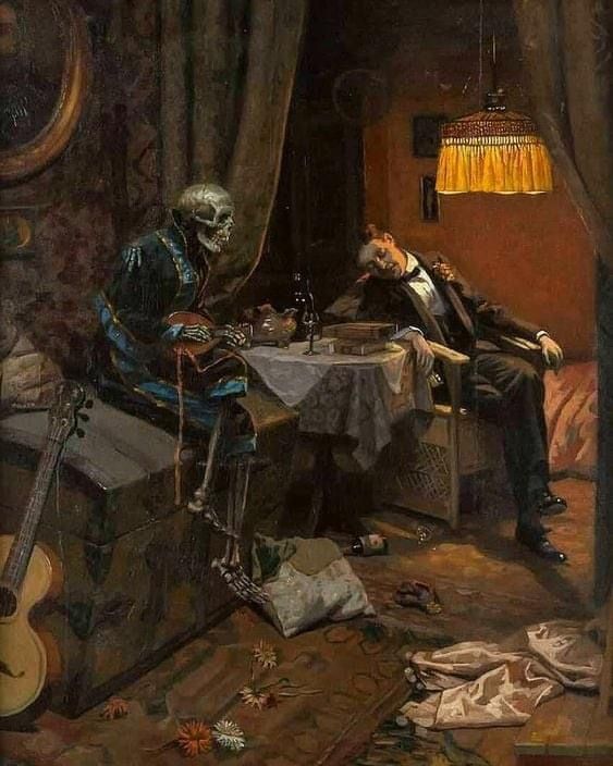 a painting of a skeleton sitting at a table next to a man with a guitar