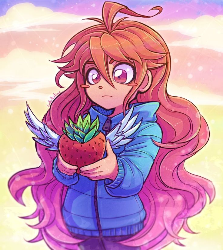 a girl with pink hair holding a strawberry