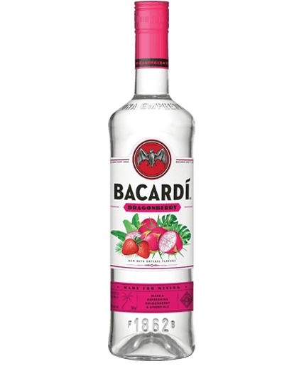 a bottle of bacardi water with raspberries on the bottom and pink cap