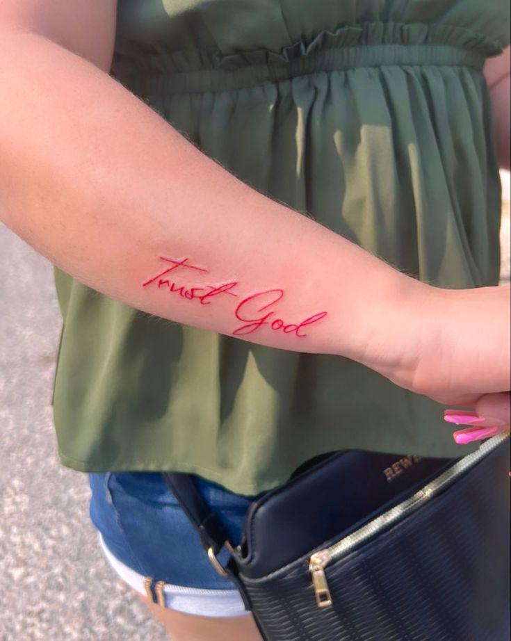 Red ink tattoo
Trust God
Hand tattoos
Small tattoos Red Ink Tattoos Small Wrist, God Is Tattoo, Trust God Tattoo On Hand, Red Words Tattoo, God Phrases Tattoo, Red Ink Wrist Tattoo, Red Tattoos For Women Arm, Red Wrist Tattoo For Women, Red Inner Arm Tattoo