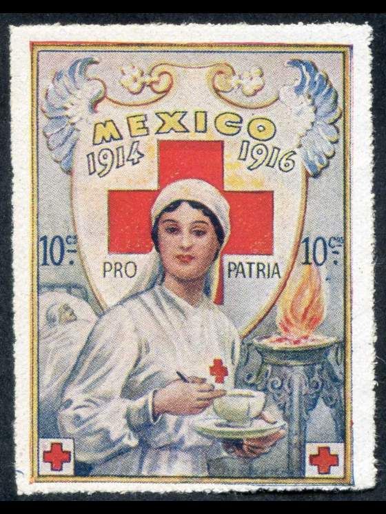 a postage stamp with a woman holding a cup and saucer in front of a cross