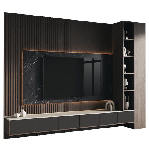 an entertainment center with a large television on the wall