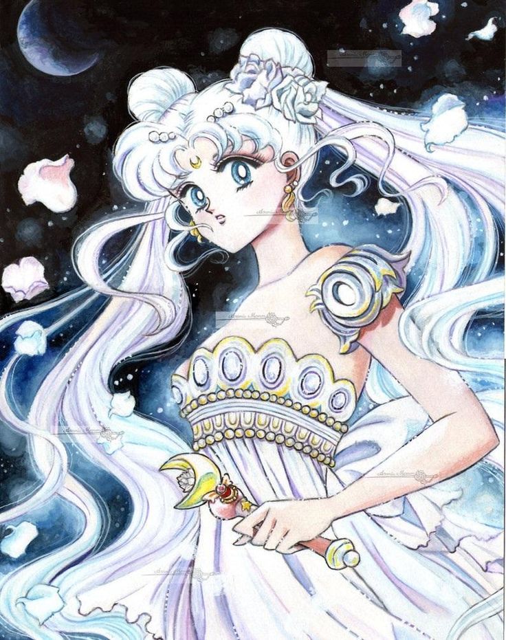 a drawing of a woman with long white hair and blue eyes wearing an elaborate dress