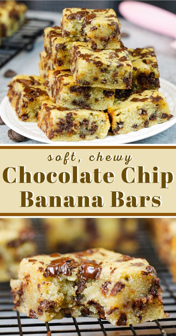 soft chewy chocolate chip banana bars are stacked on top of each other and ready to be eaten