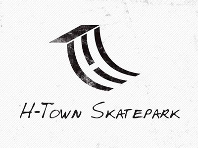 the h - town skatepark logo is shown in black on a white paper background