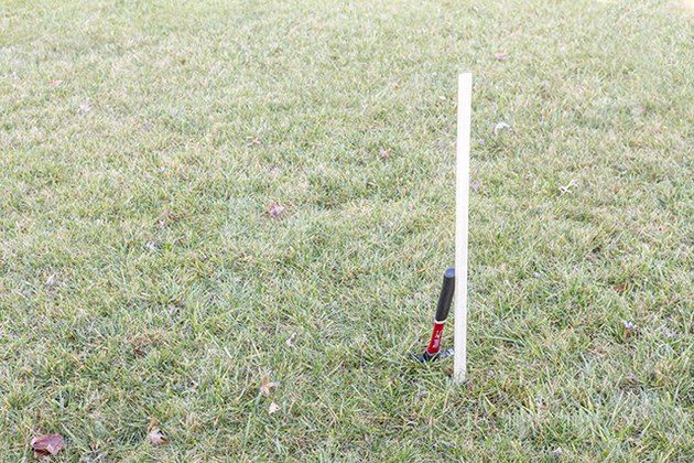 a baseball bat sitting in the grass next to a red and white ball on top of it