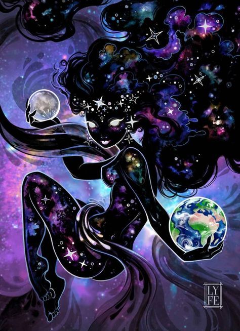 a woman with long hair and stars on her body is holding the earth in her hands