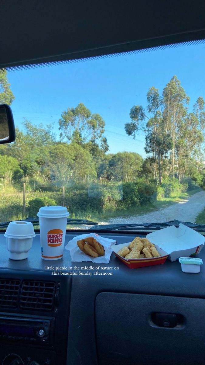 food is sitting on the table in the car