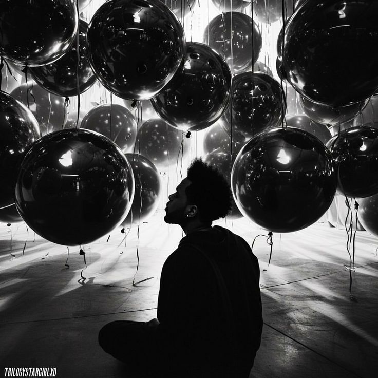 a man sitting on the floor in front of balloons that are floating up into the air