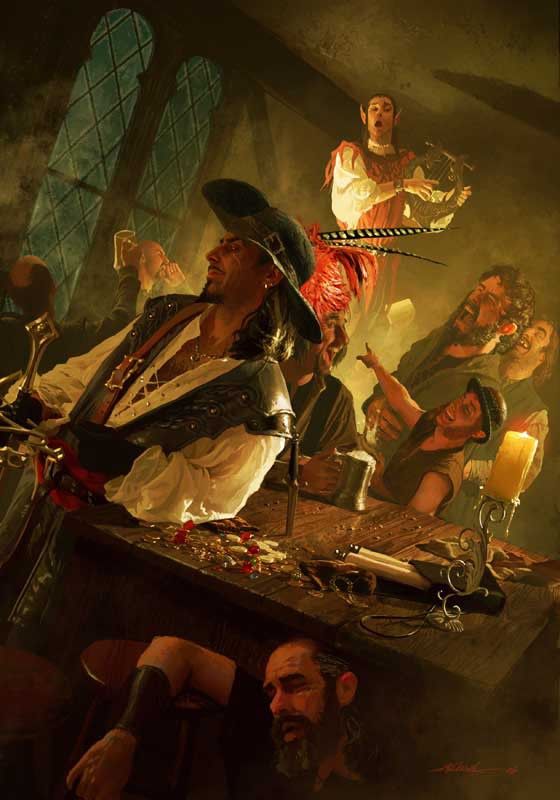 a painting of a man in pirate garb sitting at a table with other people around him