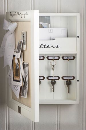 a white cabinet with keys and other items in it