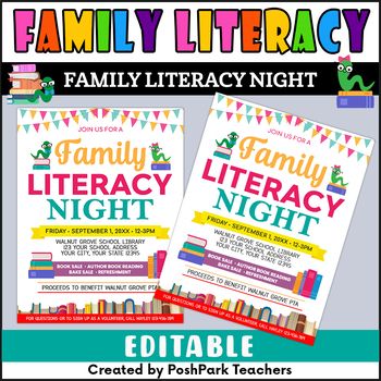 the family library night poster for children's literature and reading centers, includes two large posters