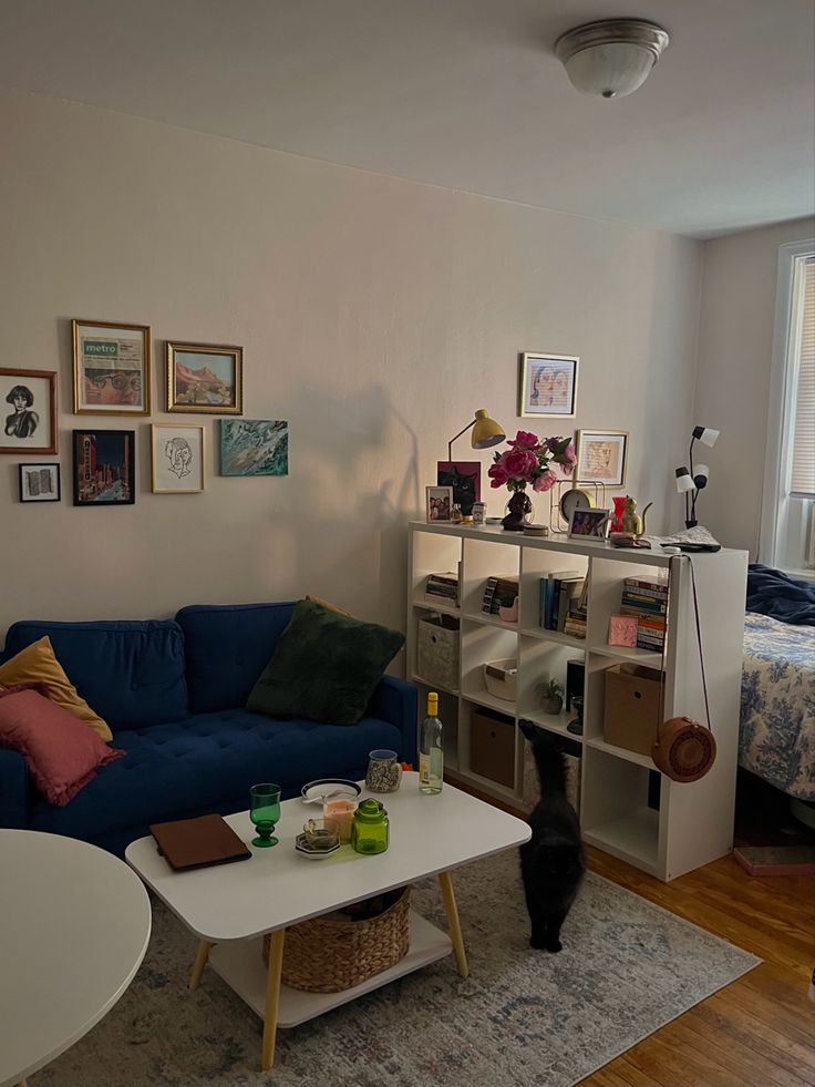 a living room with a blue couch, coffee table and bookshelf in it