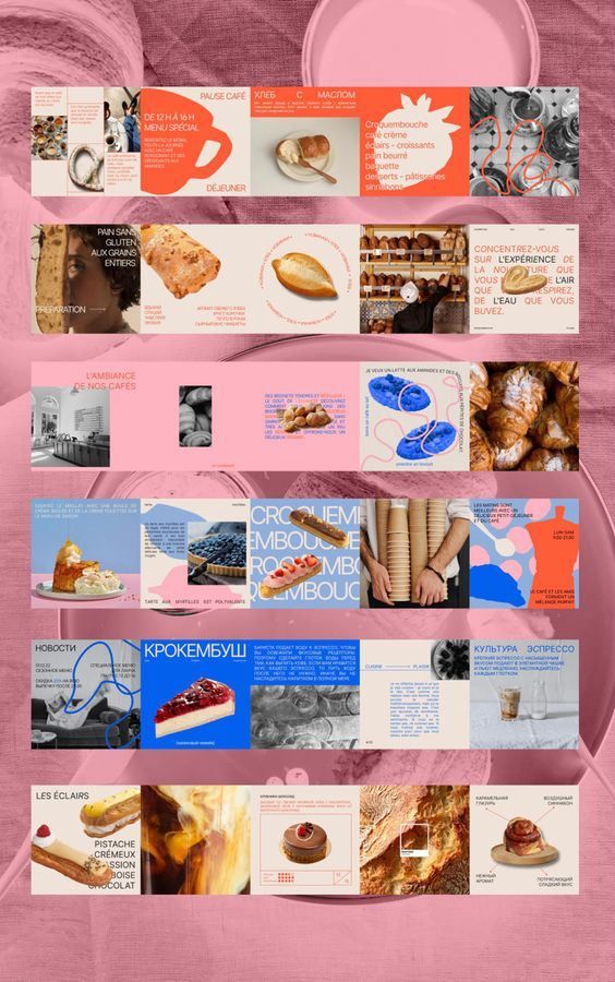 a pink background with different types of food on the top and bottom, including donuts