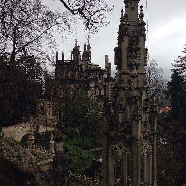 an old building with many spires and windows in the middle of a forest area