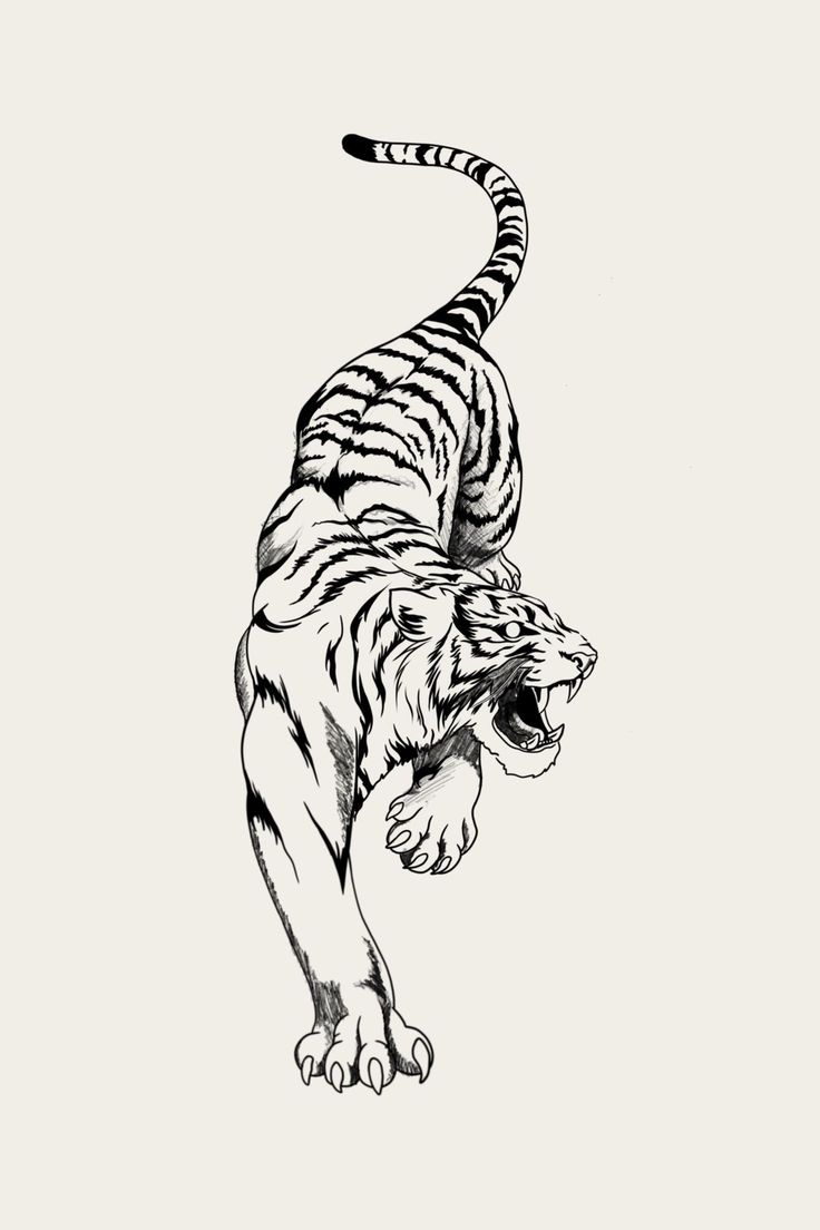 a black and white drawing of a tiger running with its mouth open in the air