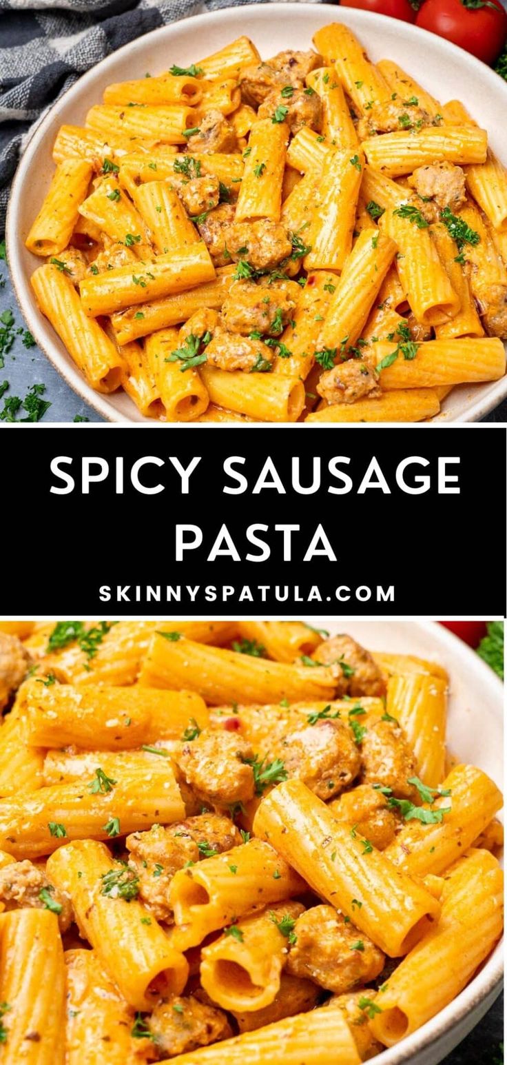 two plates filled with pasta and sauce on top of each other, next to the words spicy sausage pasta