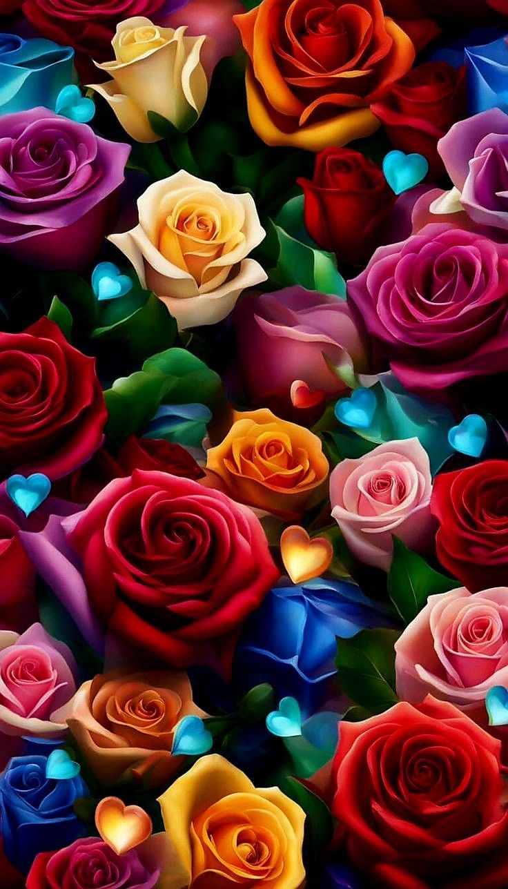 many different colored roses with hearts on them