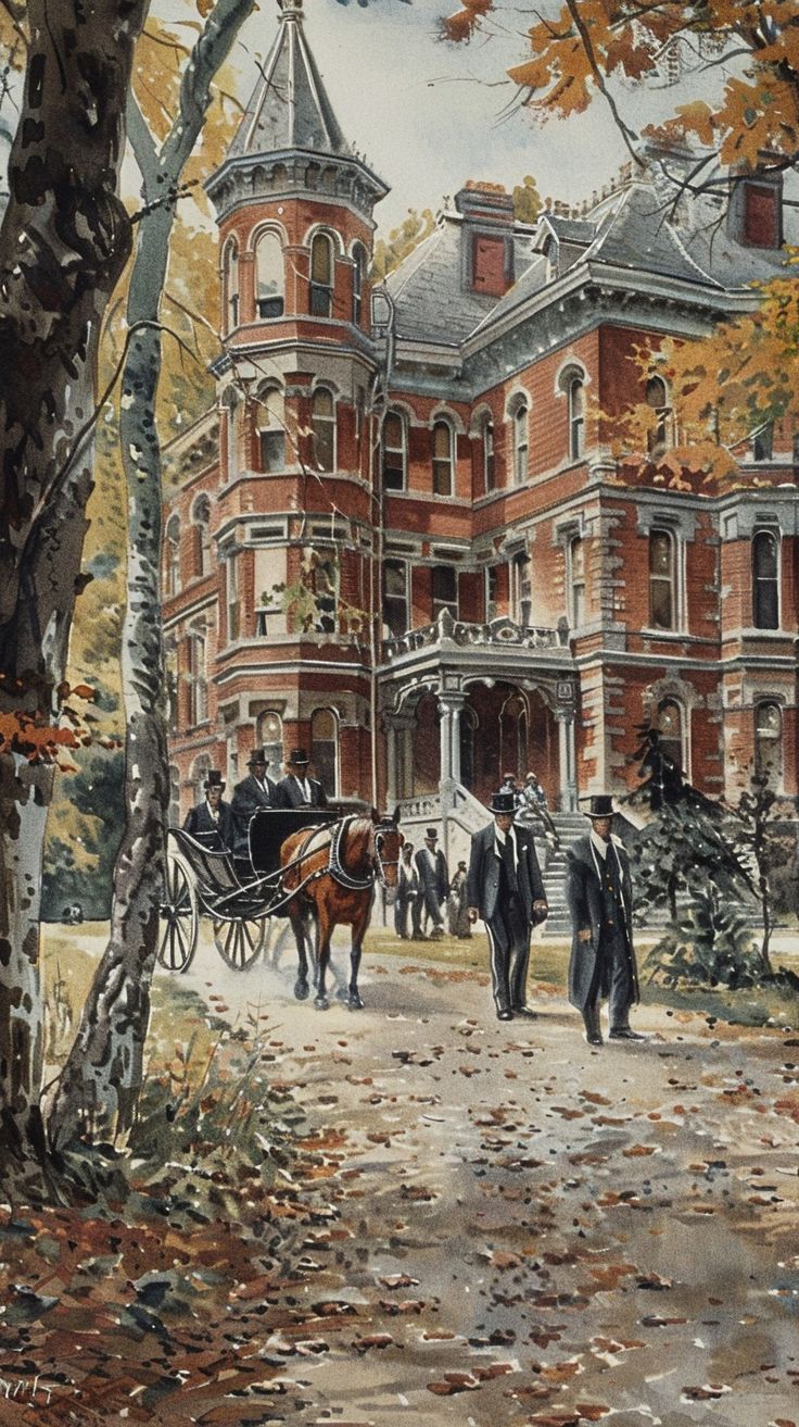 a painting of a horse drawn carriage in front of a large red brick building surrounded by trees