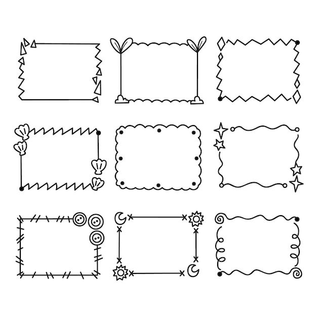 a set of nine hand drawn frames with different shapes and sizes, all in black and white