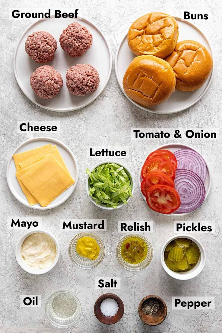 the ingredients to make hamburger sliders are displayed on plates