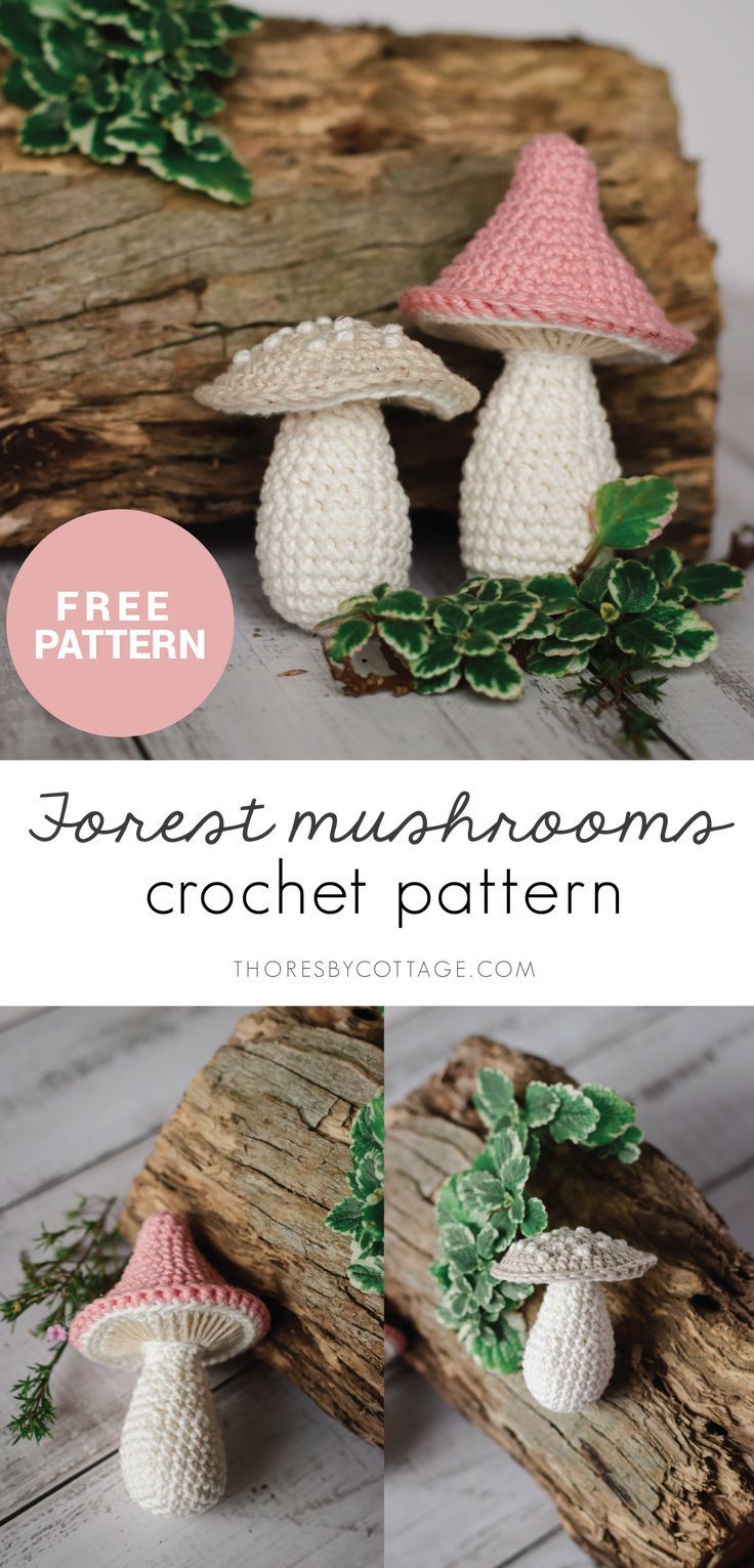 two crocheted mushrooms sitting on top of a piece of wood with green leaves