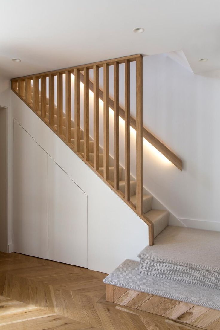 an empty room with wooden stairs and white walls