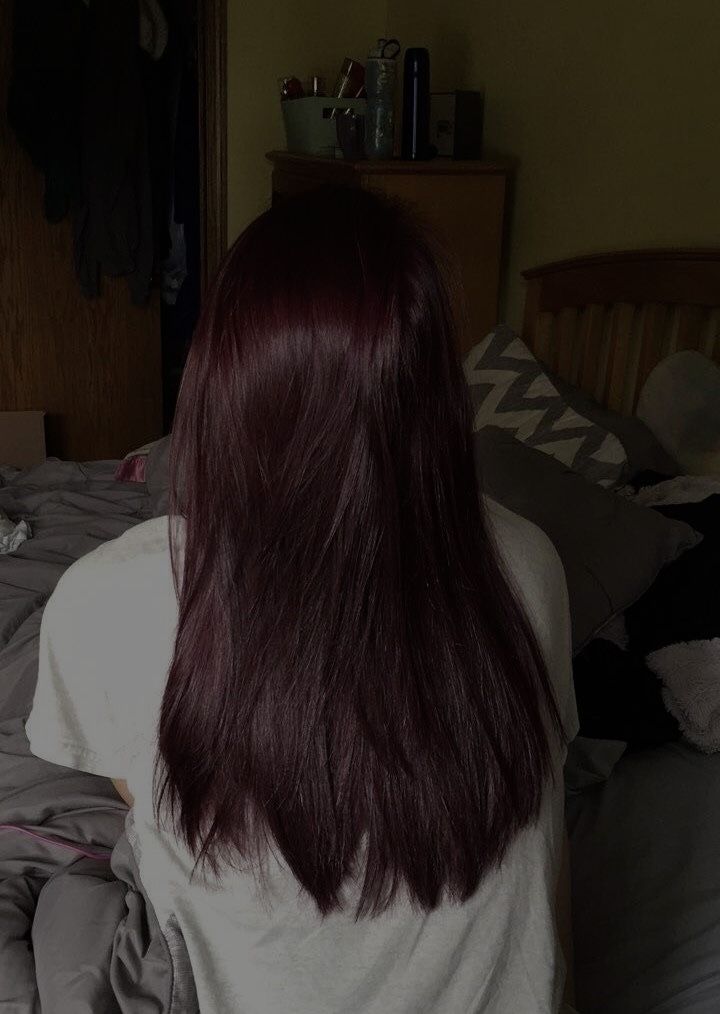 Deep Red On Black Hair, Very Dark Burgundy Hair, Dark Cherry Red Hair Box Dye, Dark Redish Purpleish Hair, Cherry Brown Hair Aesthetic, Dark Maroon Hair Color, Blackberry Burgundy Black Hair, Darkest Red Hair Color, Jet Black Hair With Red Tint